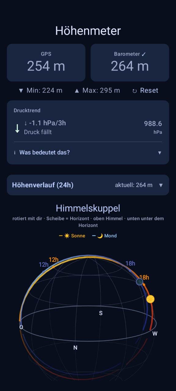 Höhenmeter-Ansicht mit GPS und Barometer-Höhe, Min/Max, Drucktrend und 3D-Himmelskuppel